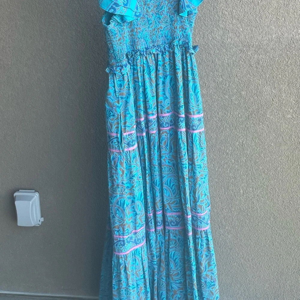 Cleobella Blue Floral Smocked Midi Dress with Puff Shoulders
